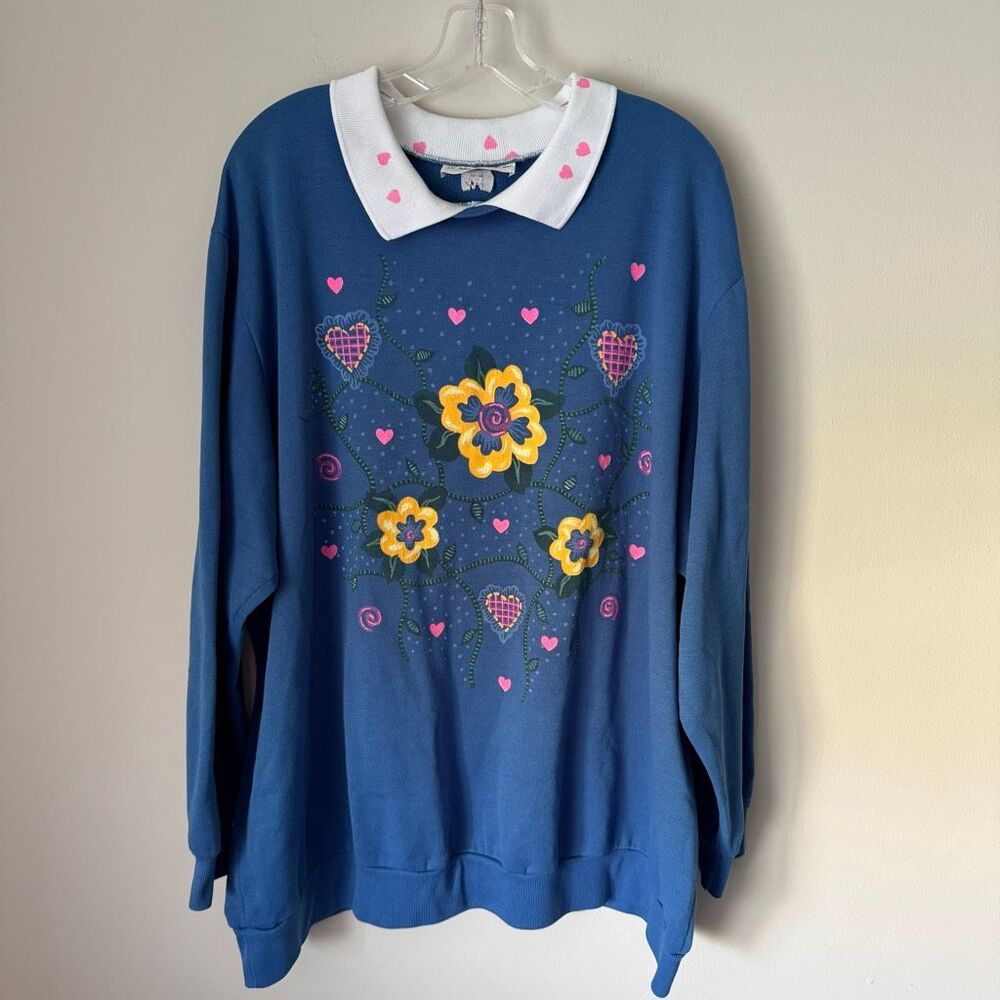 VTG 90’s Floral And Heart Design Grandma Core Oversized Sweatshirt With Collar